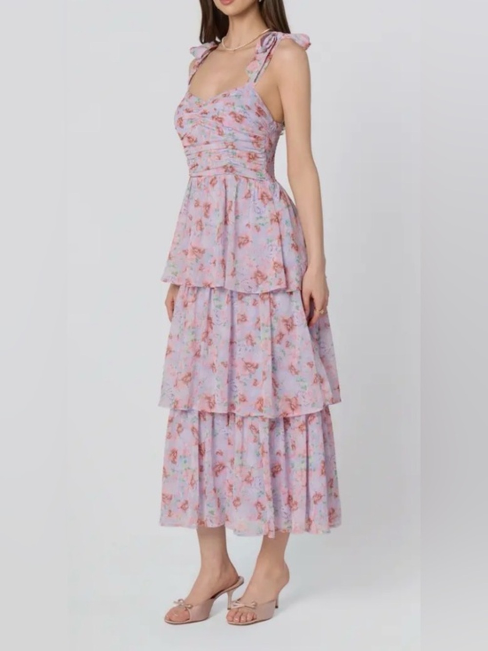 NWT ASTR the label purple floral midi dress chiffon tiered XL tie shoulders